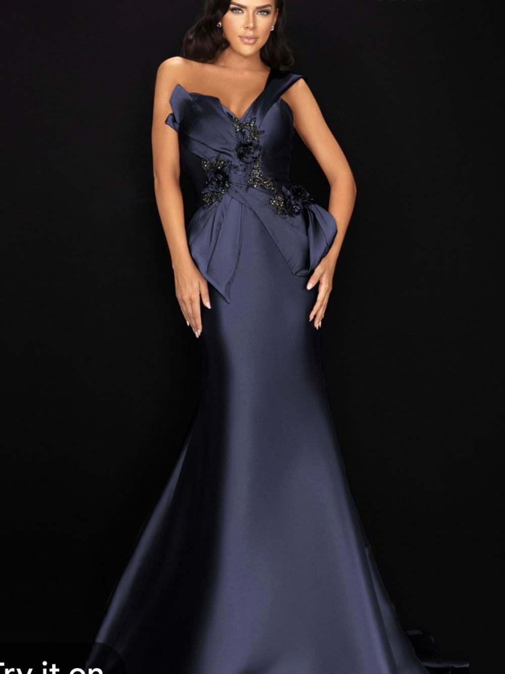 Terani Couture Dresses gown Elegant Navy One-Shoulder Evening Gown size 4